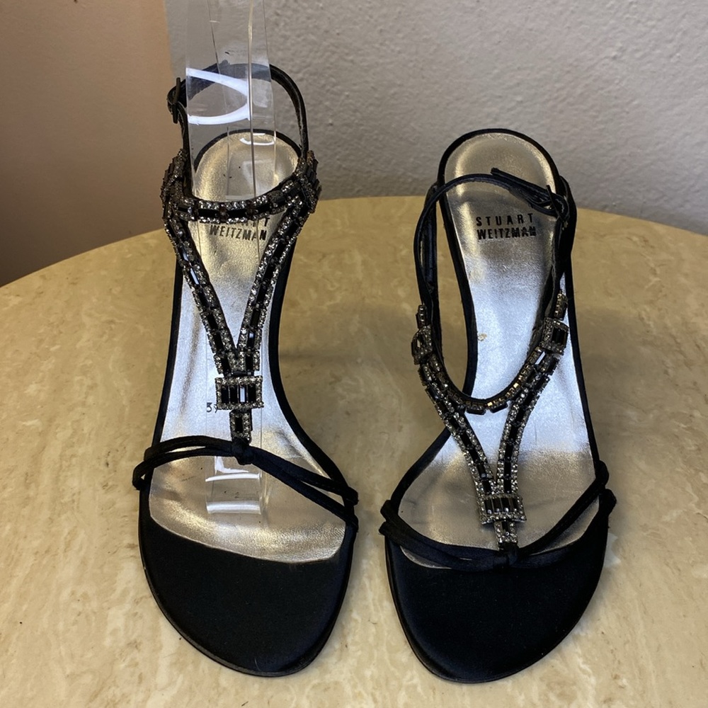 Stuart Weitzman Satin Rhinestone Sandals, 39